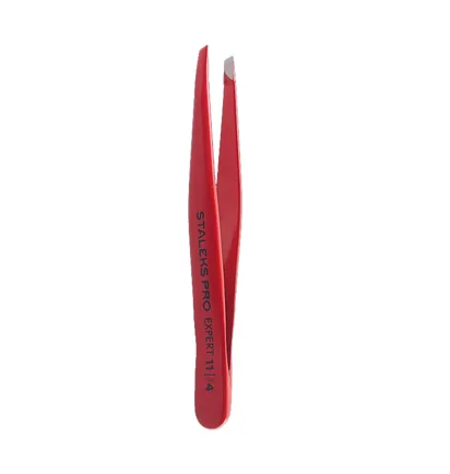 Пінцет для брів Staleks Expert 11 Type 4, з вузькими скошеними кромками, червоний