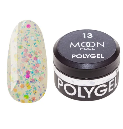 Nail Extension Polygel Moon Full #13, pearl confetti with foil, 15 ml