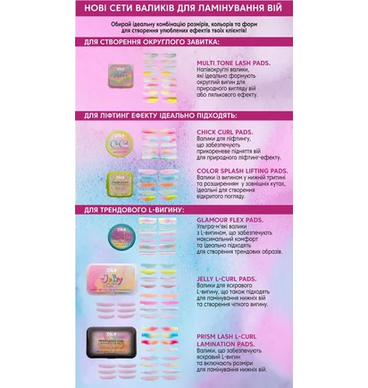 Валики для ламінування ZOLA Jelly L-Curl, для верхніх та нижніх вій, 11 пар