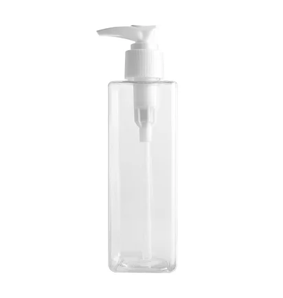 Square Plastic Bottle, clear, with white plastic dispenser, 150 ml